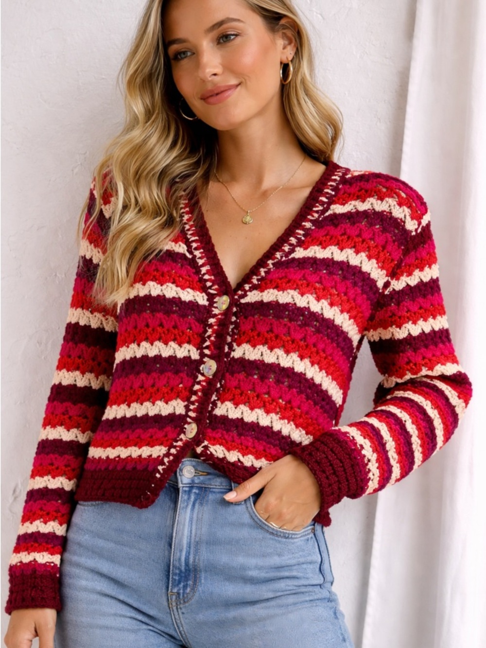 FARM Rio Crochet Knit Cardigan XS Red Pink Stripe Boho